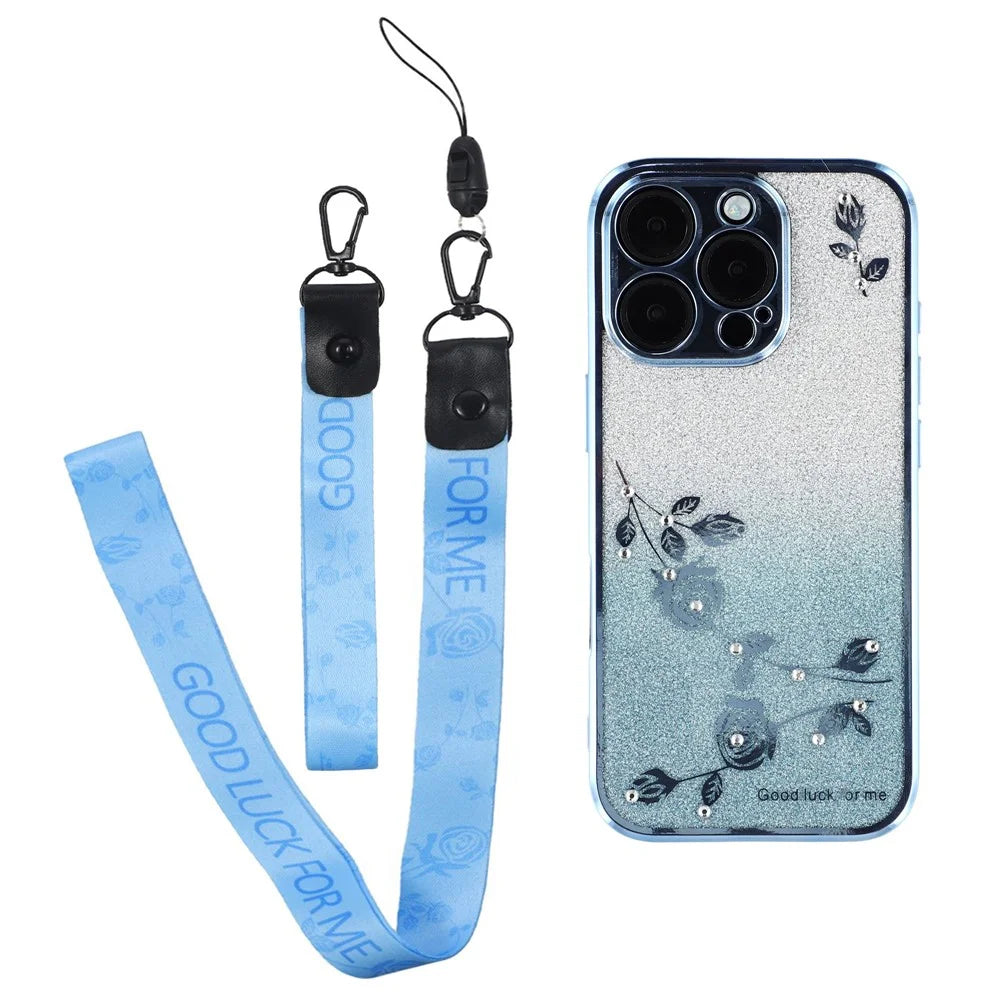 KADEM For iPhone 16 Pro Case with Lanyards TPU Gradient Sparkle Phone Cover Eternal Flower - Blue - 1
