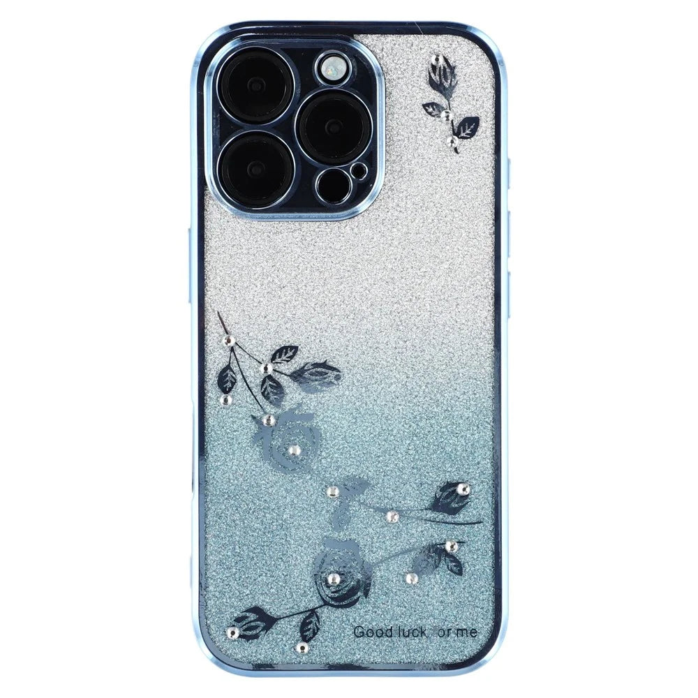 KADEM For iPhone 16 Pro Max Case Flower TPU Phone Cover Rhinestone Bling Sparkle - Blue - 1