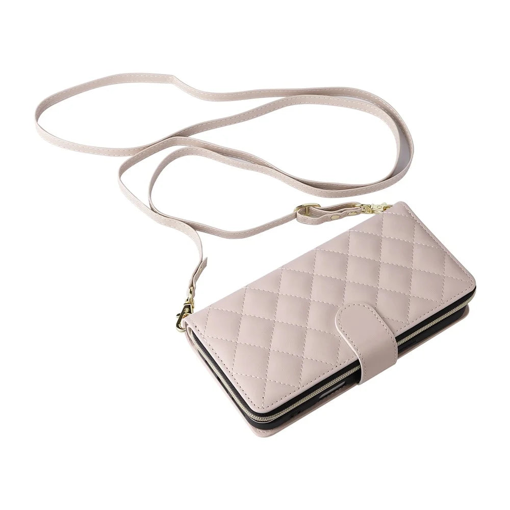 For iPhone 16 Leather Case Zipper Wallet Phone Bag with Shoulder Strap and Hand Strap - Beige - 6