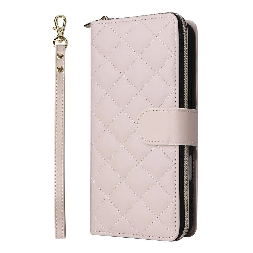 For iPhone 16 Leather Case Zipper Wallet Phone Bag with Shoulder Strap and Hand Strap - Beige - 7