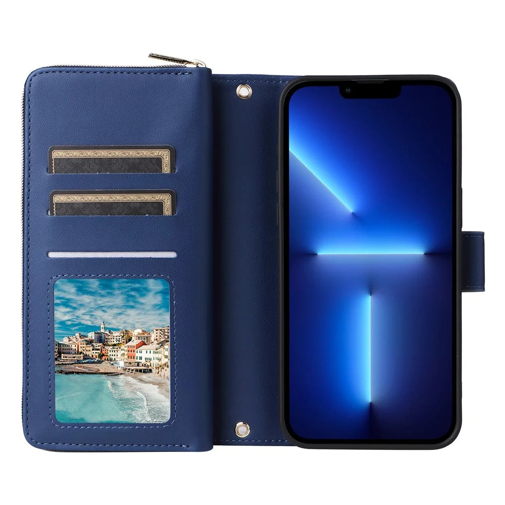 R20 For iPhone 13 Pro Case Zipper Pocket PU Leather Cover with 9 Card Slots - Blue - 2