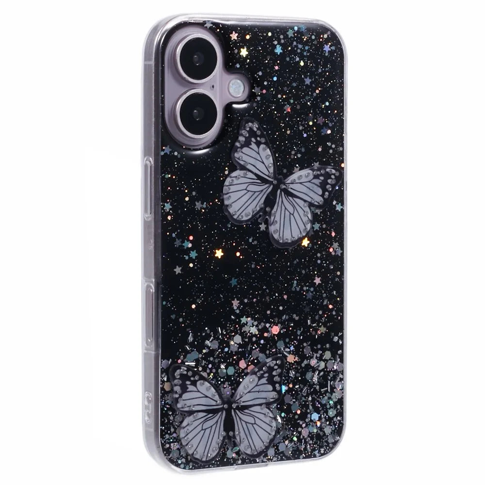 AW Series For iPhone 16 Plus Case Epoxy PVC Butterfly TPU Aesthetics Phone Cover - Black - 1