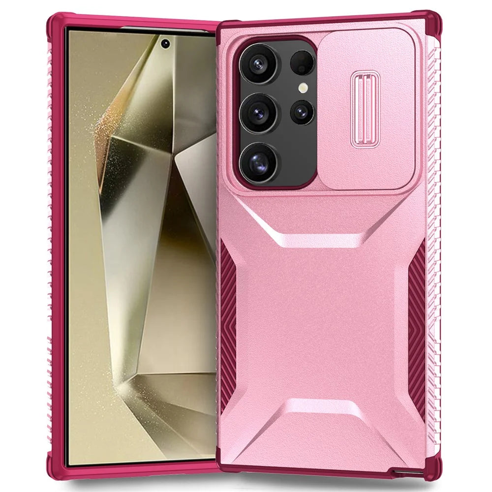 For Samsung Galaxy S24 Ultra Case with Slide Camera Guard PC+TPU Anti-Slip Phone Cover - Pink / Wine Red - 1