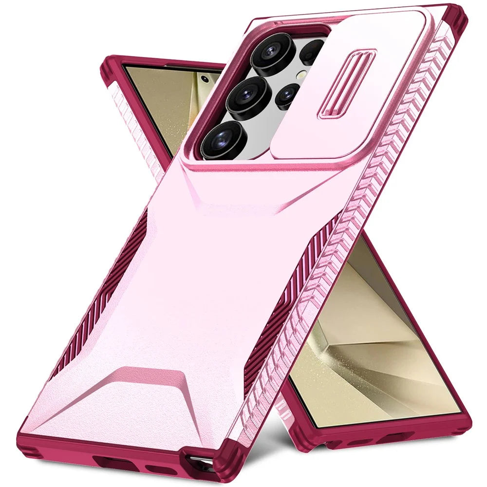 For Samsung Galaxy S24 Ultra Case with Slide Camera Guard PC+TPU Anti-Slip Phone Cover - Pink / Wine Red - 2