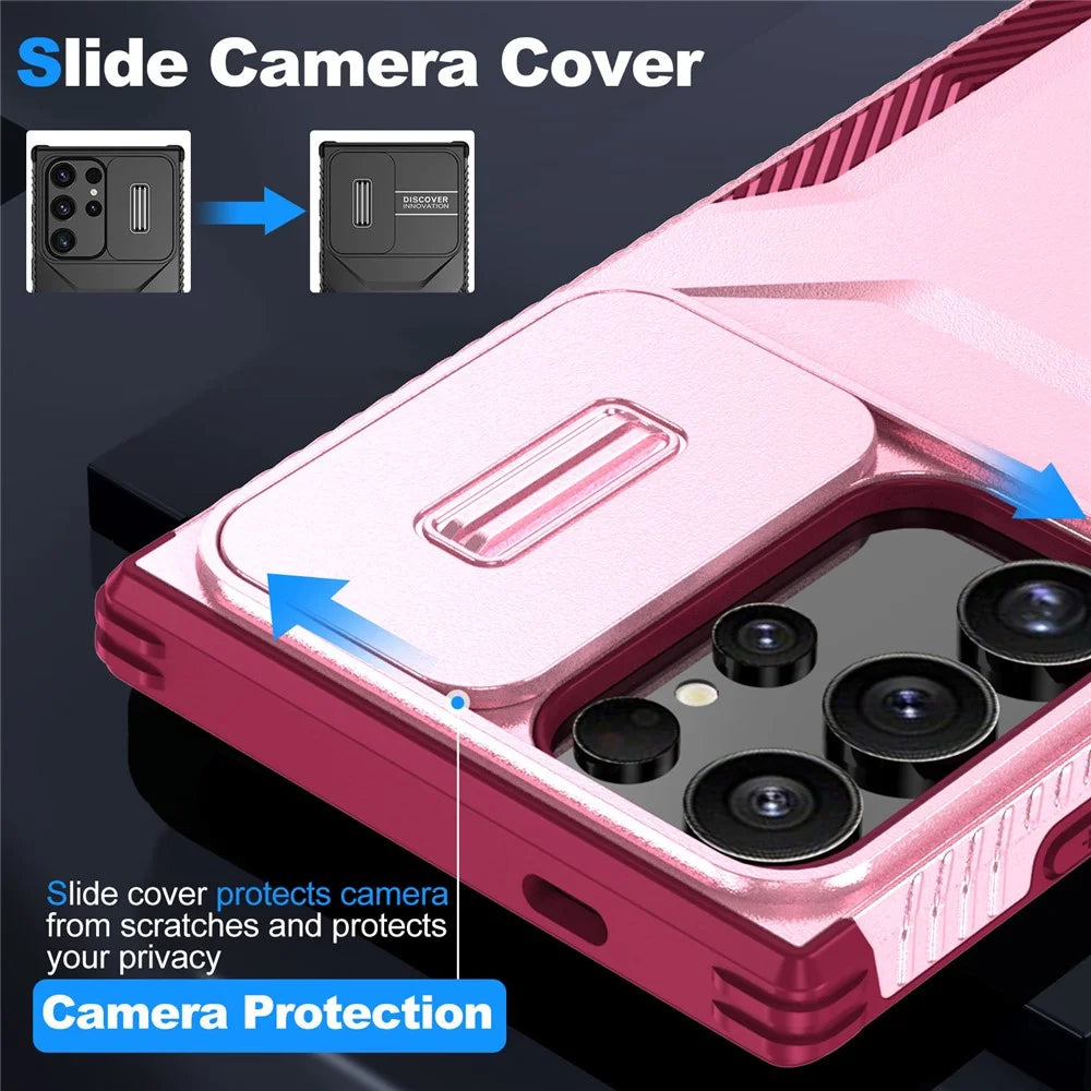 For Samsung Galaxy S24 Ultra Case with Slide Camera Guard PC+TPU Anti-Slip Phone Cover - Pink / Wine Red - 3