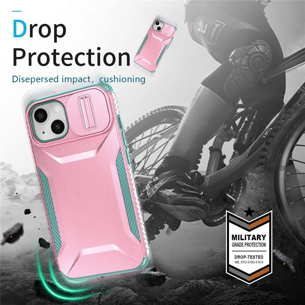 For iPhone 15 Case PC+TPU Anti-Slip Phone Cover with Slide Camera Lid - Pink / Green - 4