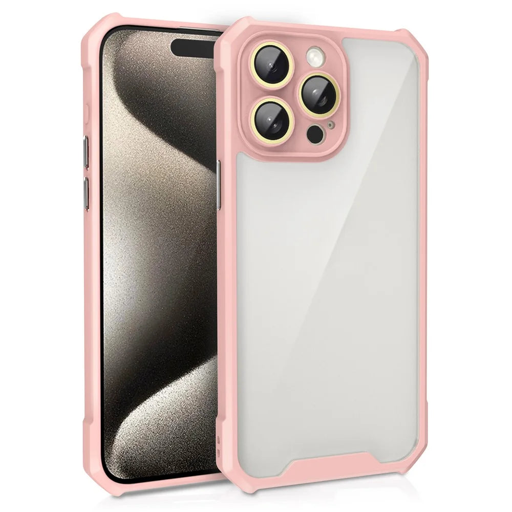 For iPhone 14 Pro Case Transparent Back Acrylic+TPU Phone Cover with Glass Lens Film - Pink - 1