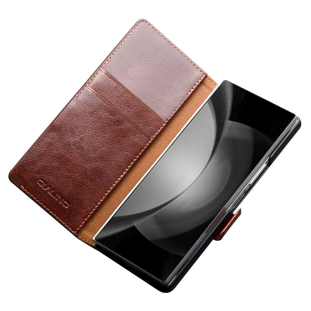 QIALINO For Samsung Galaxy Z Fold6 5G Case TPU+Genuine Cow Card Slot Leather Phone Cover - Brown - 2