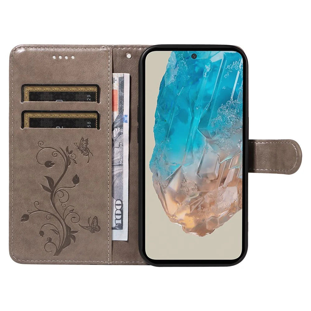 For Samsung Galaxy M35 5G PU Leather Cases Flower Pattern Wallet Stand Phone Cover with Strap - Grey - 2