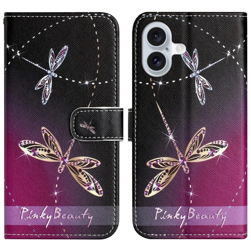 For iPhone 16 Plus Case Pattern Print PU Leather Wallet Phone Cover Cross Texture - Dragonfly - 1