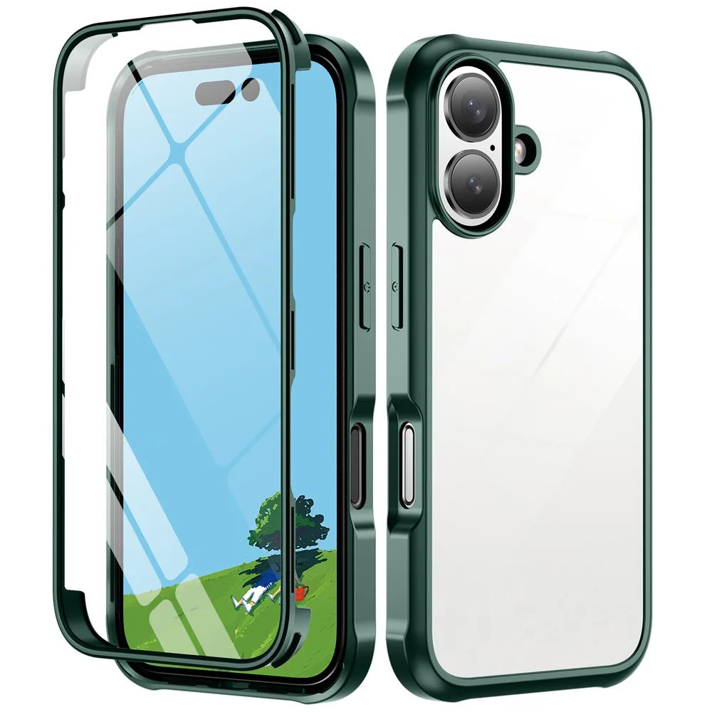 For iPhone 16 Case Double-Sided Tempered Glass+Silicone+TPU Full Protection Phone Cover - Midnight Green - 3
