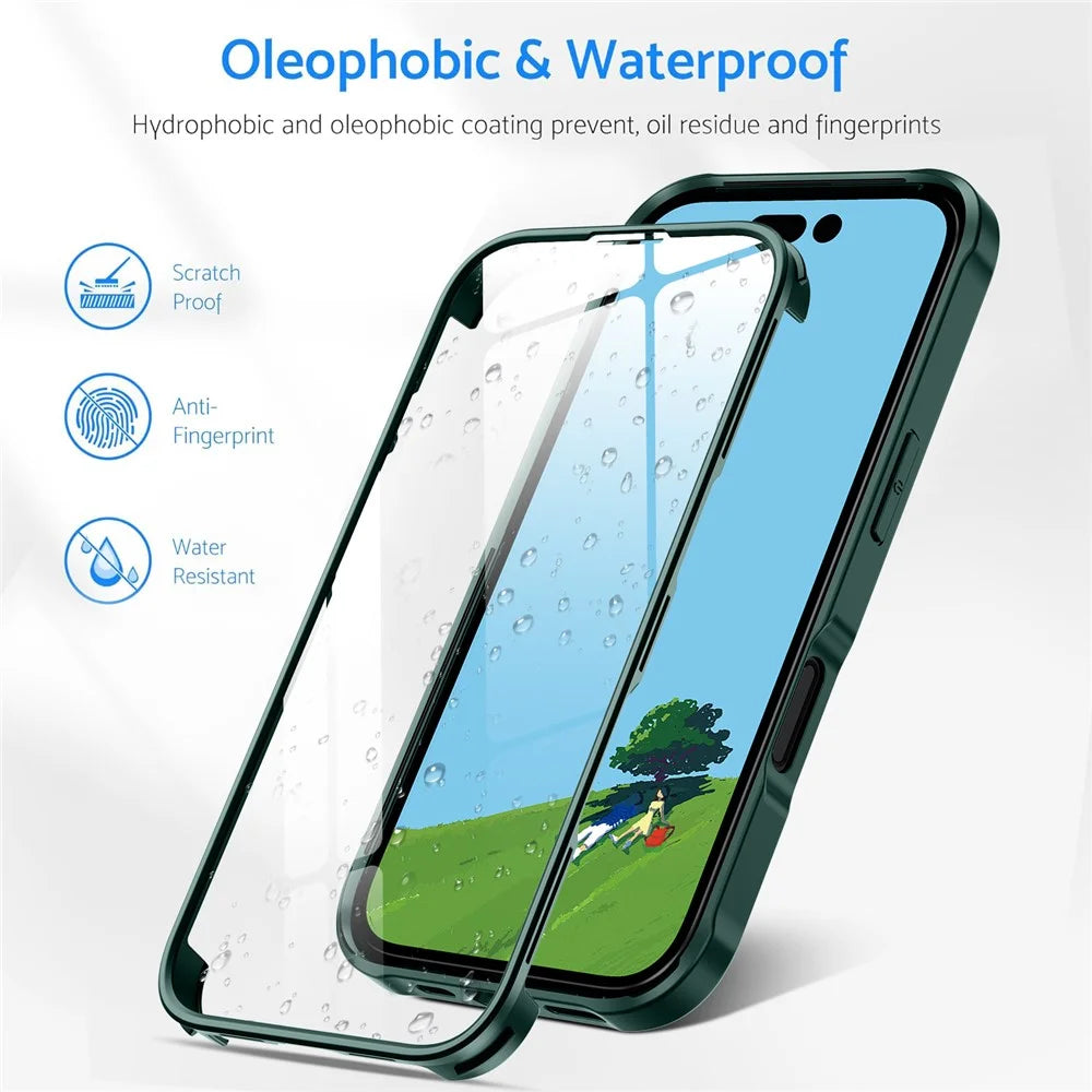 For iPhone 16 Case Double-Sided Tempered Glass+Silicone+TPU Full Protection Phone Cover - Midnight Green - 6
