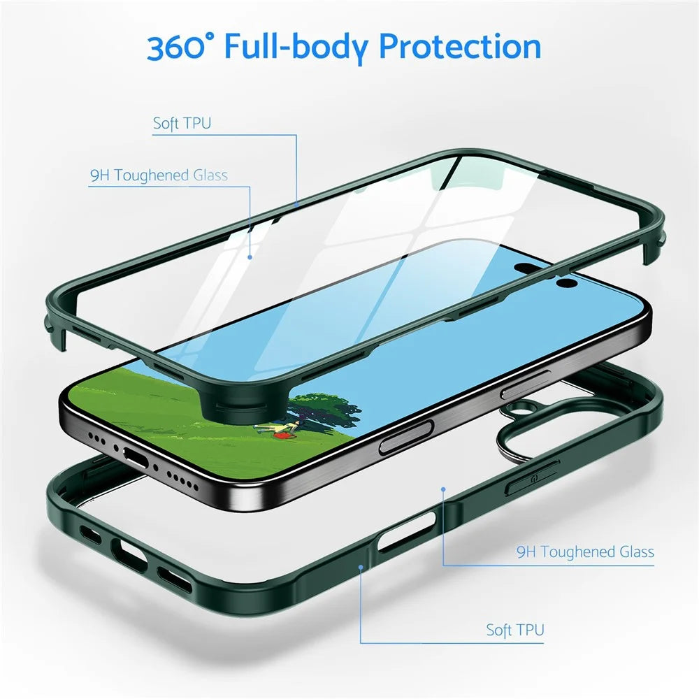 For iPhone 16 Case Double-Sided Tempered Glass+Silicone+TPU Full Protection Phone Cover - Midnight Green - 7