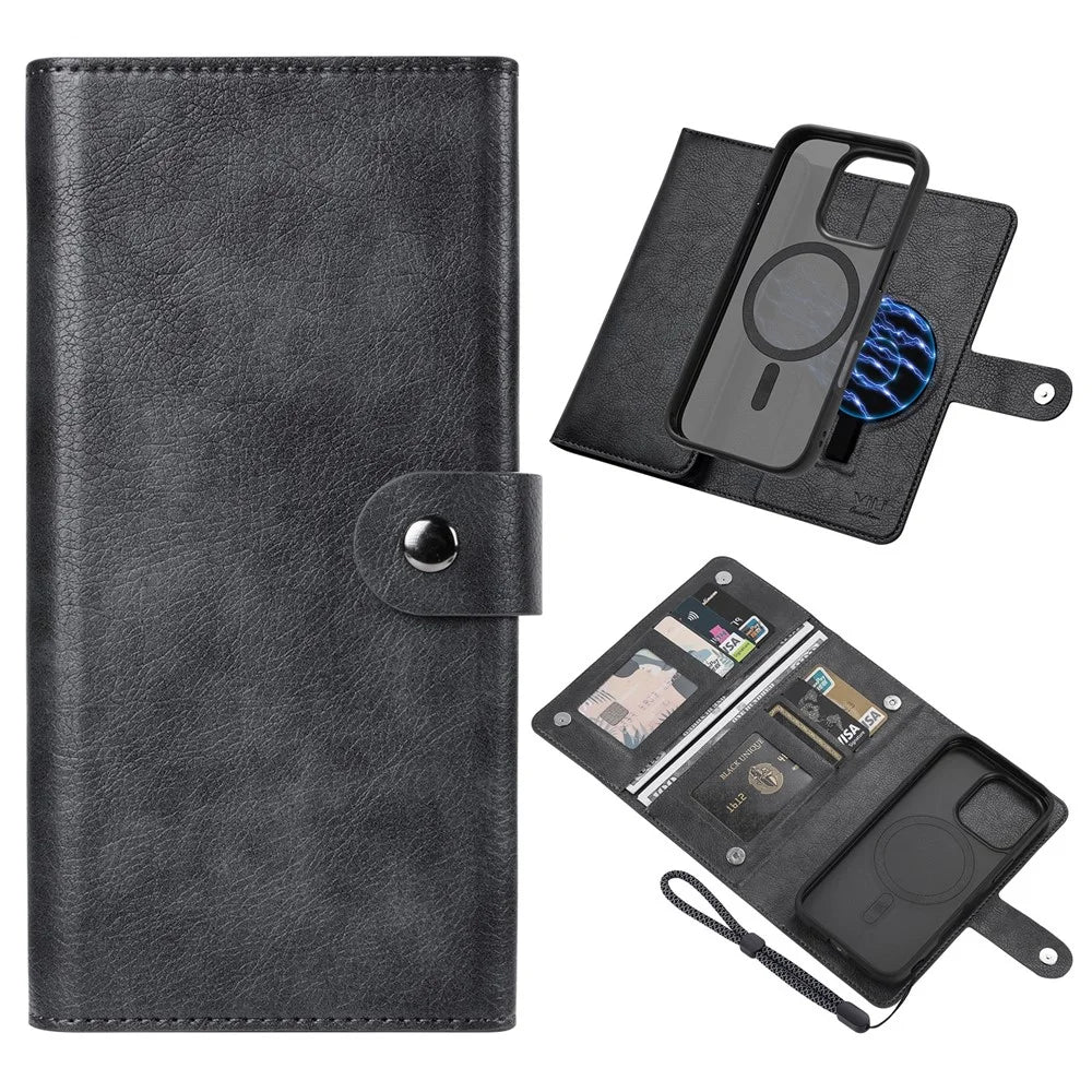 VILI GVA Series for iPhone 16 Pro Max Magnetic Case Detachable Leather Wallet Cover - Black - 1