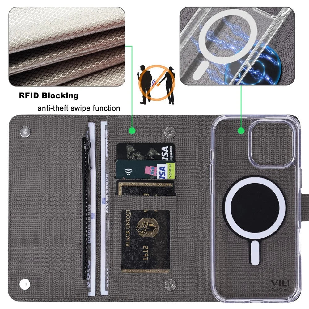 VILI GHB-C Series for iPhone 16 Pro Magnetic Case PU Leather Detachable Transparent Phone Cover - Grey - 6