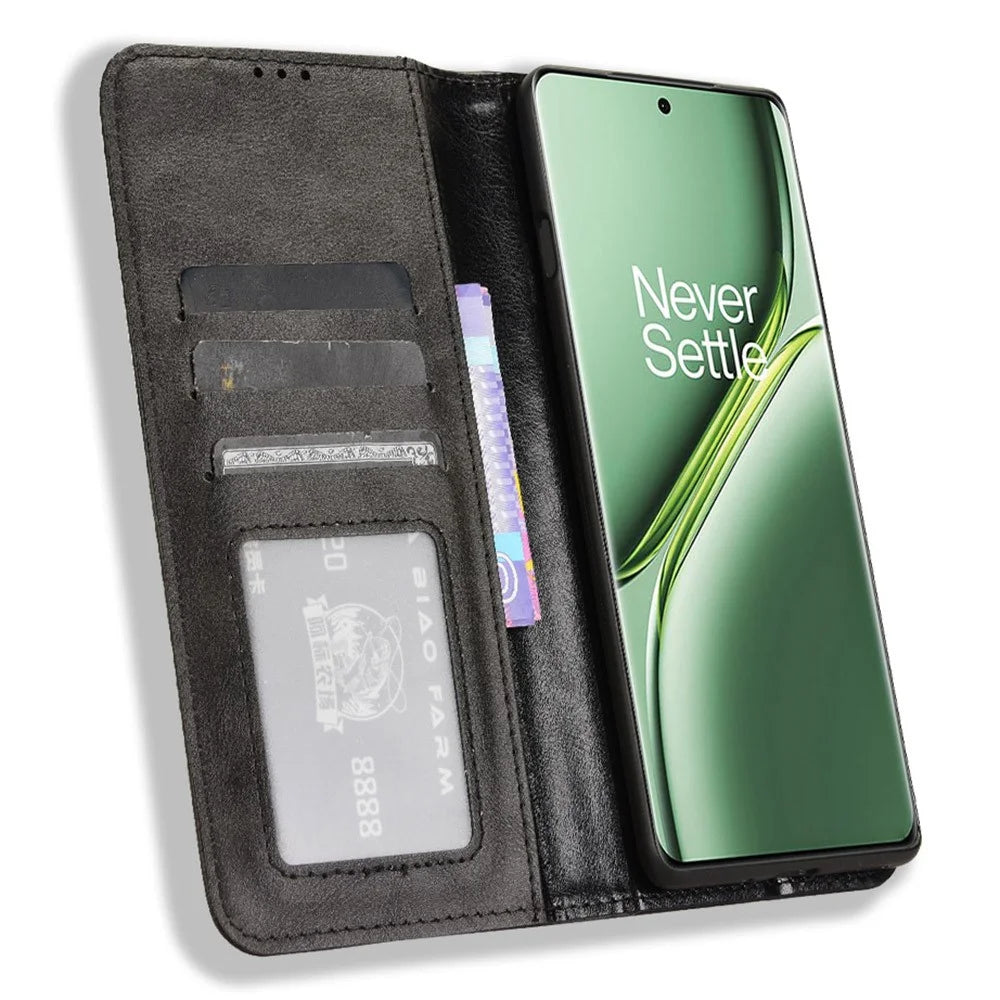 For OnePlus Ace 3 Pro 5G Wallet Case Anti-Drop Retro PU Leather Phone Cover - Black - 2