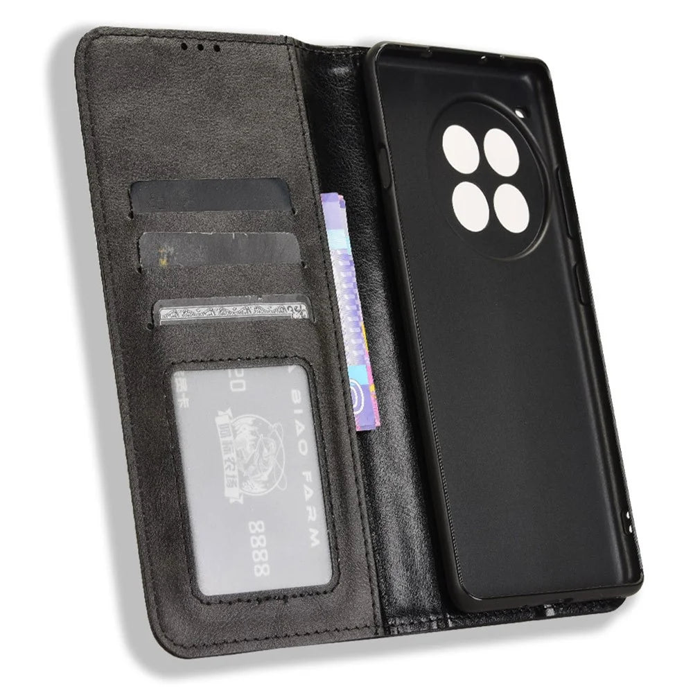 For OnePlus Ace 3 Pro 5G Wallet Case Anti-Drop Retro PU Leather Phone Cover - Black - 5