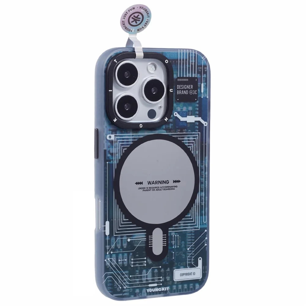YOUNGKIT Technology Series for iPhone 16 Pro Case Compatible with MagSafe PC+TPU Matte Phone Cover IMD Pattern - Grey - 1