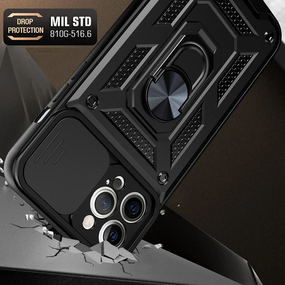 For iPhone 11 Pro Max Case Kickstand PC+TPU Phone Cover with Slide Camera Lid - Black - 2
