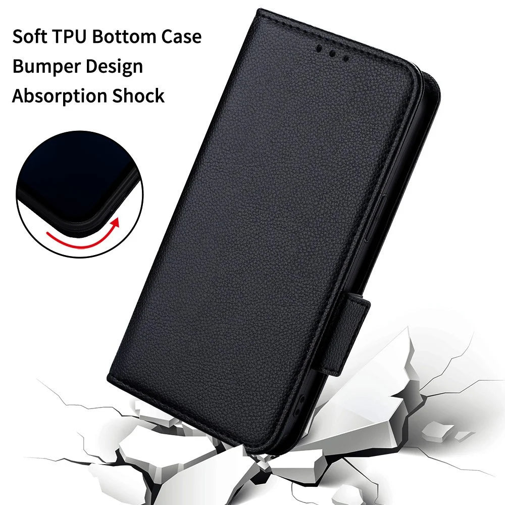 For Samsung Galaxy S24 FE Case with Wrist Strap Litchi Texture PU Leather Wallet Phone Cover - Black - 6