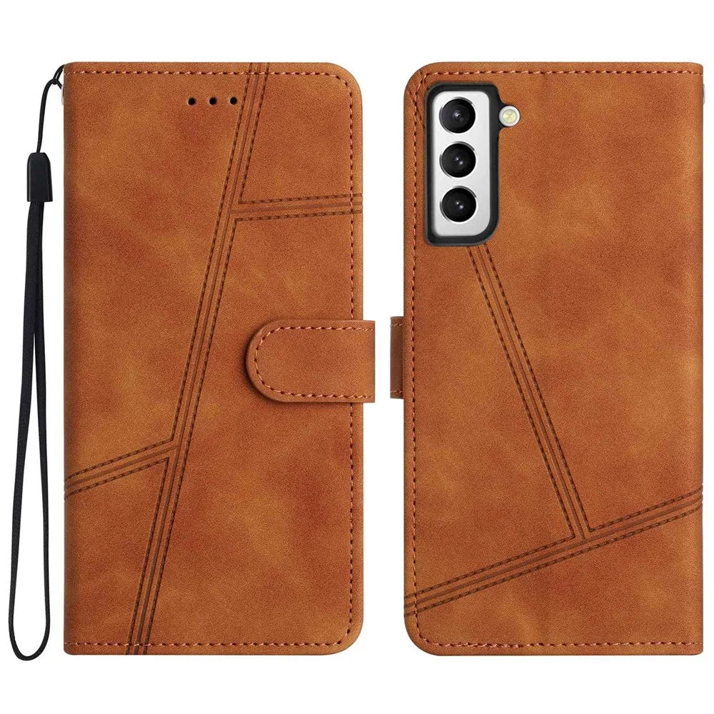 For Samsung Galaxy S22+ 5G Vintage Skin-touch Feeling Lines Decor PU Leather Shockproof Cover Anti-drop Flip Stand Phone Wallet Case - Brown - 1
