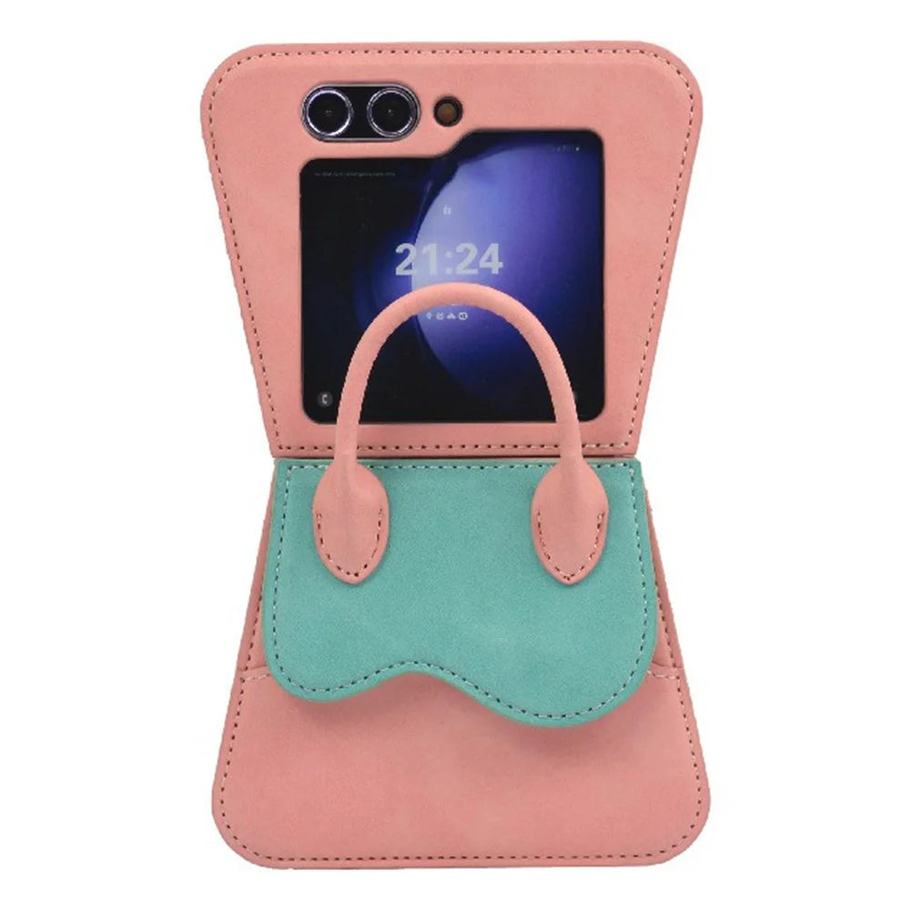 For Samsung Galaxy Z Flip5 5G Case with Shoulder Strap Card Slot Leather+PC Phone Handbag - Sky Blue - 2