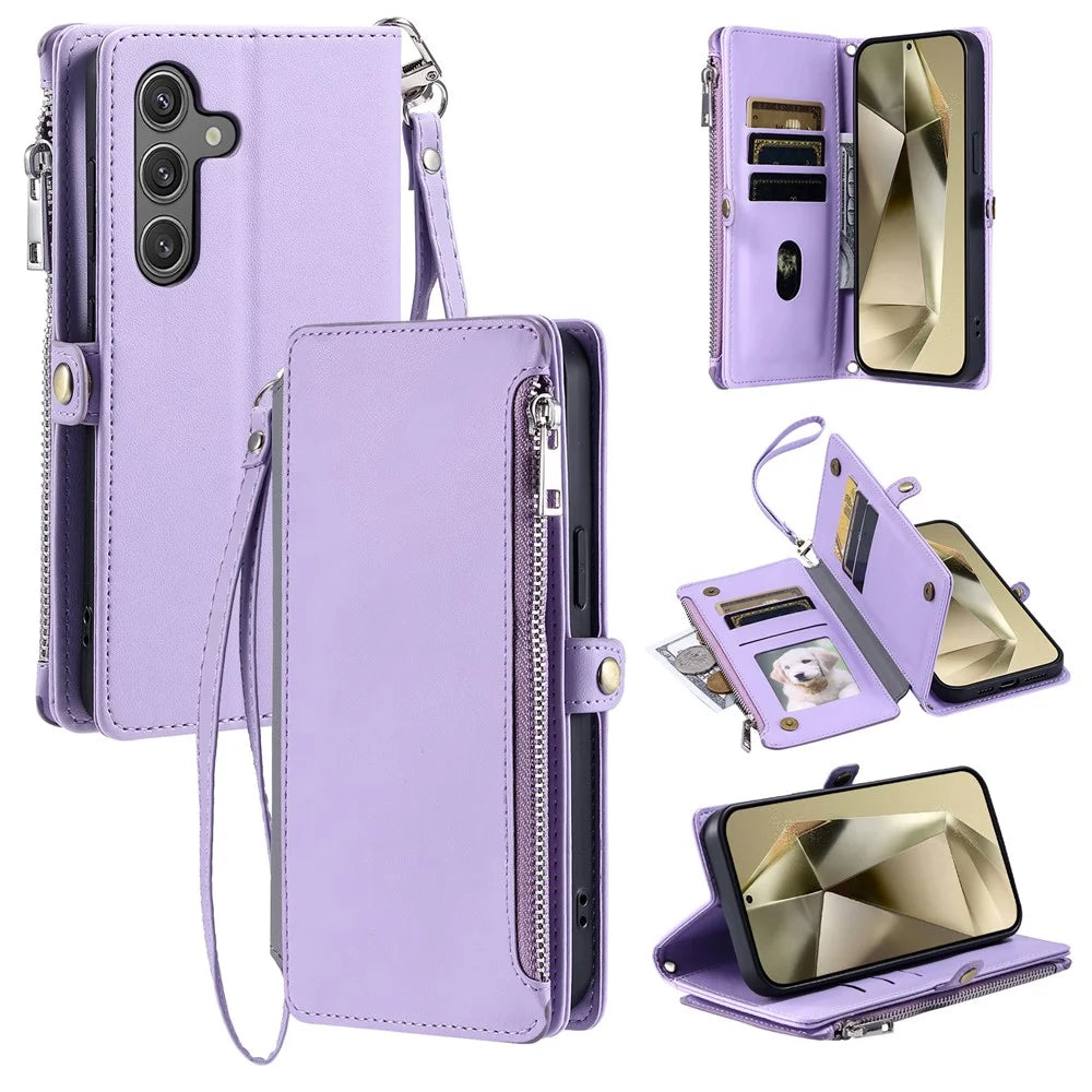 015 Style For Samsung Galaxy A54 5G Case Zipper Pocket Card Slots Leather Phone Cover with Straps - Purple - 1