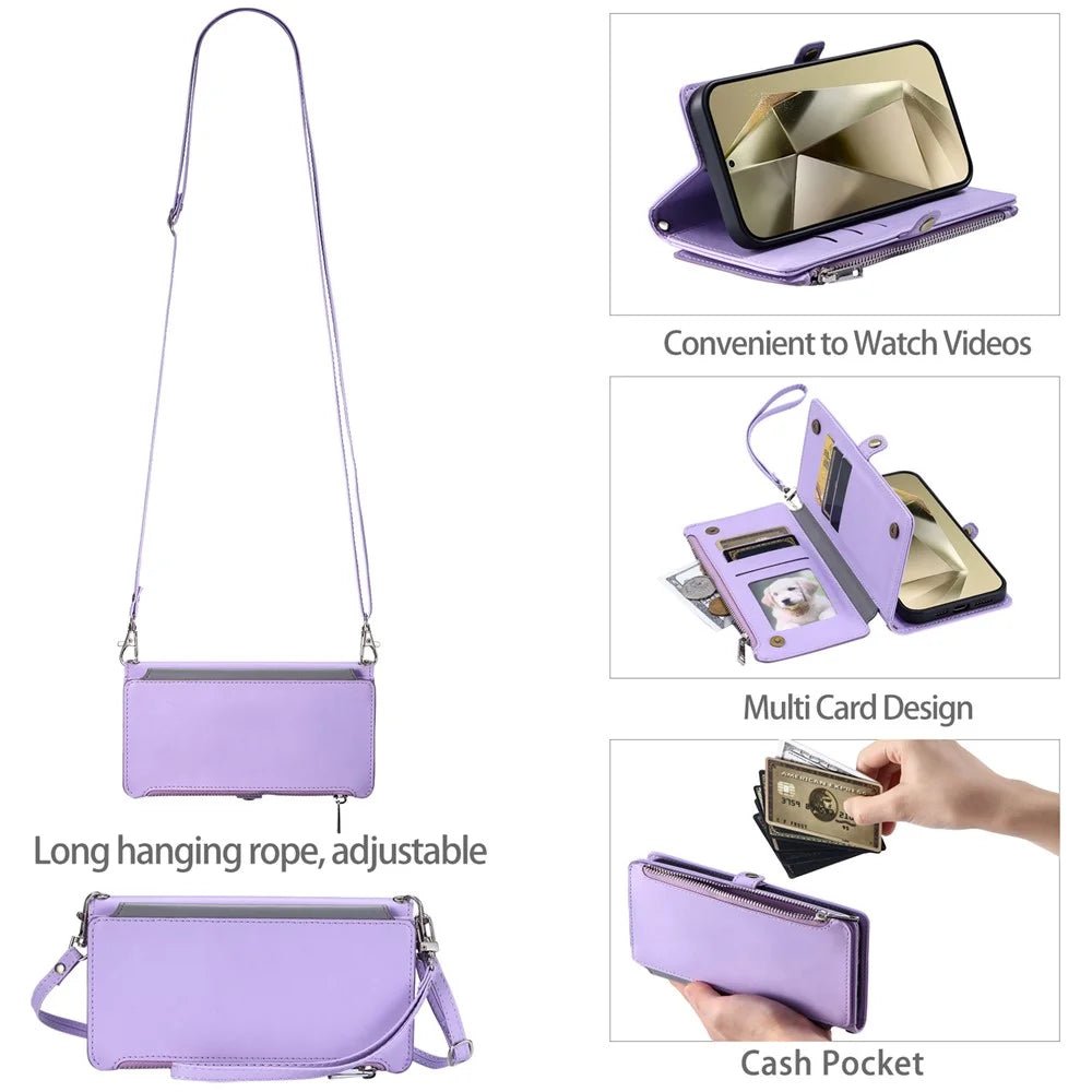 015 Style For Samsung Galaxy A54 5G Case Zipper Pocket Card Slots Leather Phone Cover with Straps - Purple - 5