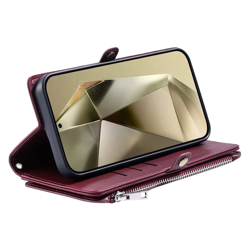 015 Style For Samsung Galaxy A15 5G / A15 4G Zipper Wallet Case Leather Phone Cover - Wine Red - 4