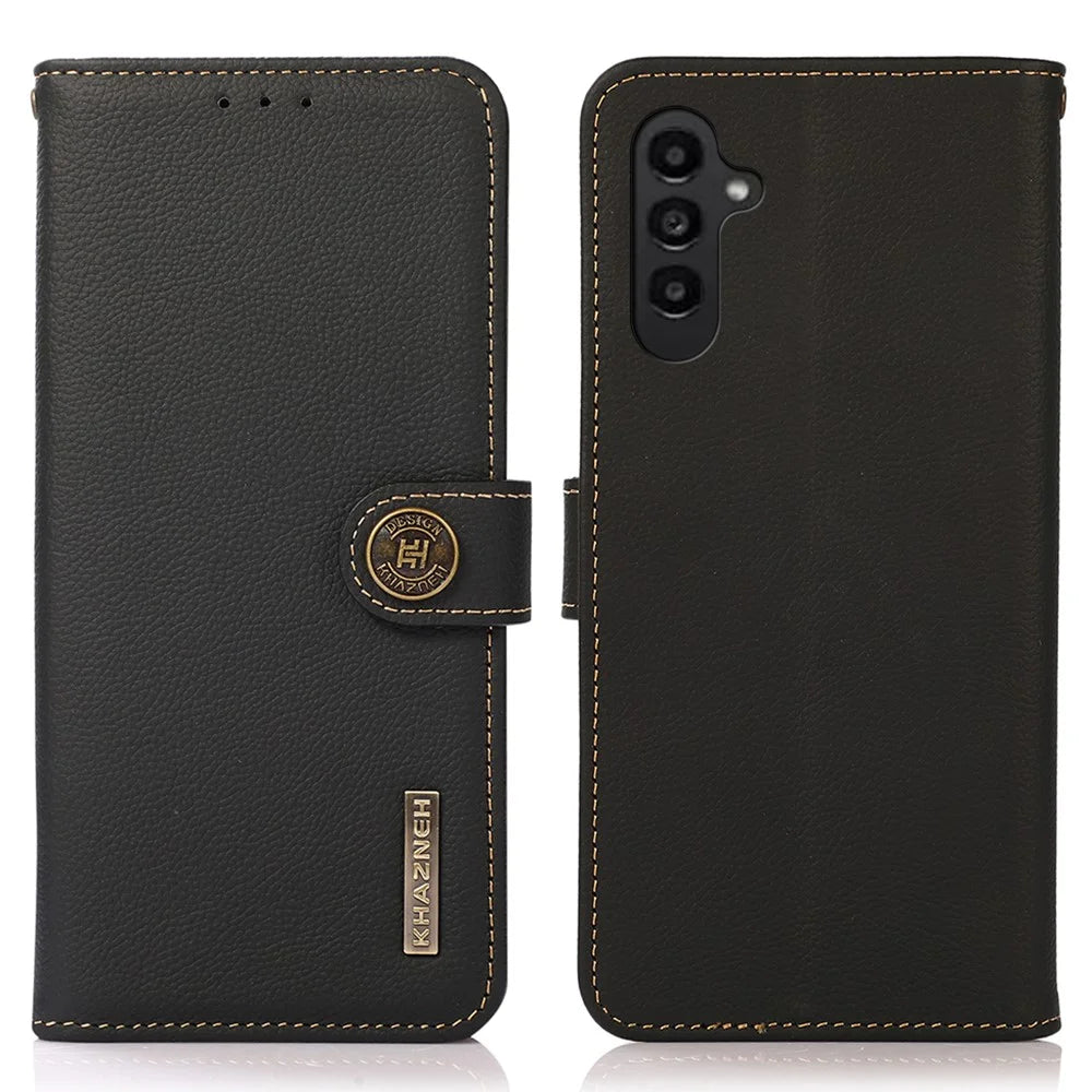KHAZNEH For Samsung Galaxy S24 FE Case RFID Blocking Genuine Cow Leather RFID Blocking Wallet Phone Cover - Black - 1