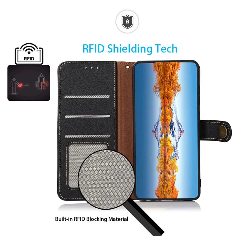 KHAZNEH For Samsung Galaxy S24 FE Case RFID Blocking Genuine Cow Leather RFID Blocking Wallet Phone Cover - Black - 2
