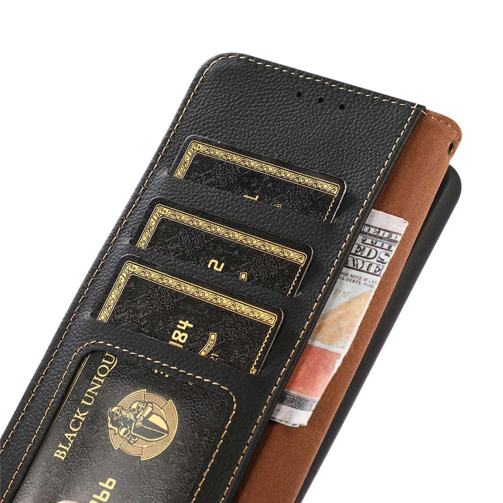 KHAZNEH For Samsung Galaxy S24 FE Case RFID Blocking Genuine Cow Leather RFID Blocking Wallet Phone Cover - Black - 5