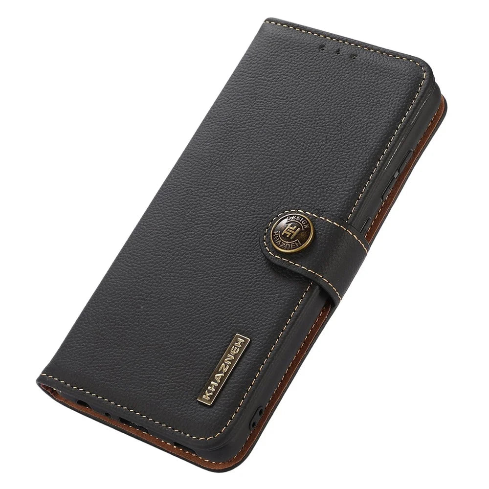 KHAZNEH For Samsung Galaxy S24 FE Case RFID Blocking Genuine Cow Leather RFID Blocking Wallet Phone Cover - Black - 6