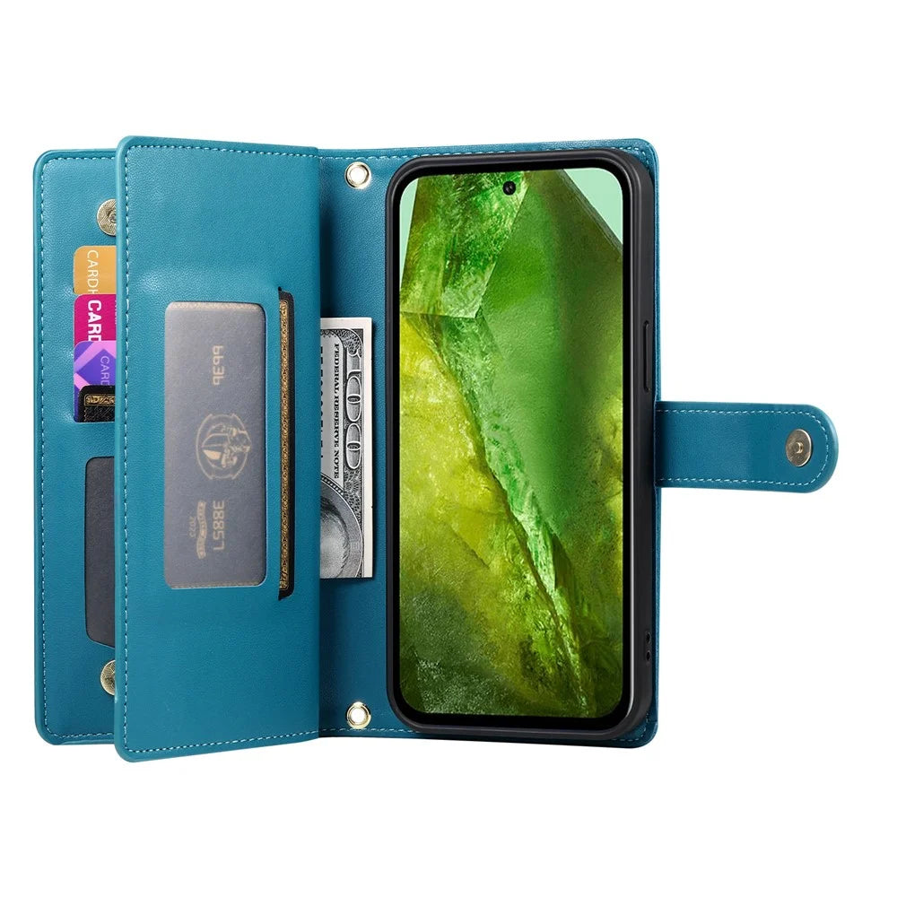 DF-011 For Google Pixel 8a Case Zipper Pocket Stand Leather Phone Cover with Shoulder Strap - Blue - 2