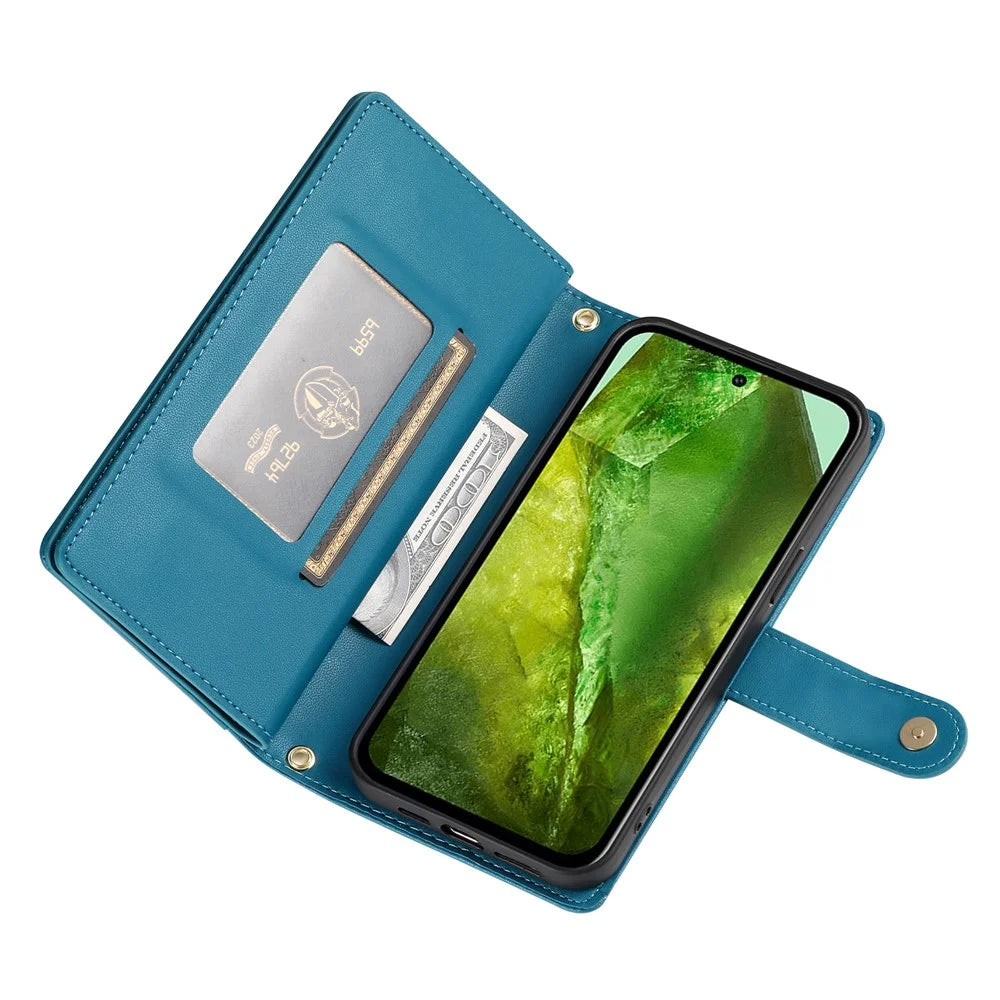 DF-011 For Google Pixel 8a Case Zipper Pocket Stand Leather Phone Cover with Shoulder Strap - Blue - 3