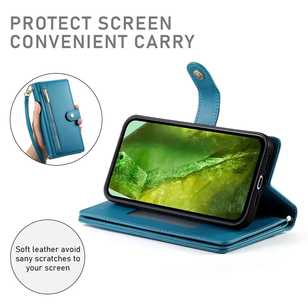 DF-011 For Google Pixel 8a Case Zipper Pocket Stand Leather Phone Cover with Shoulder Strap - Blue - 4