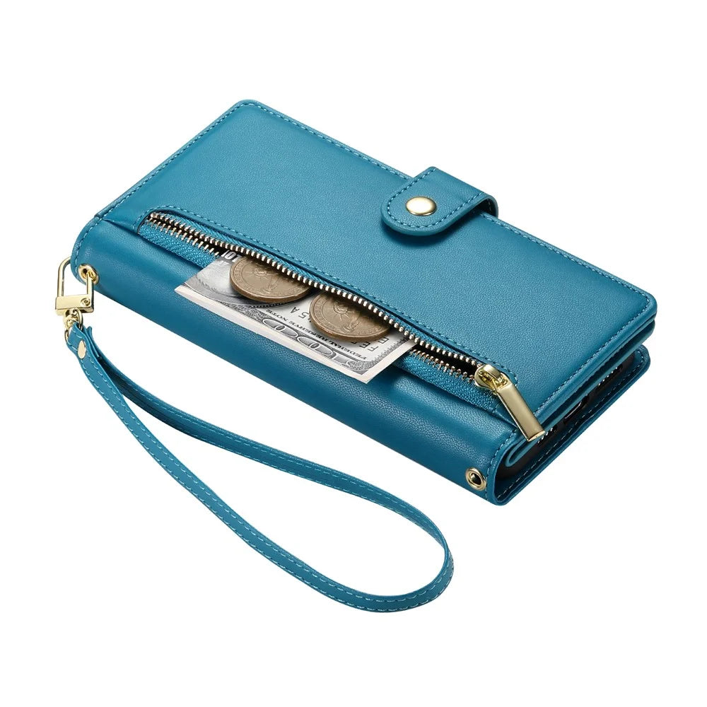 DF-011 For Google Pixel 8a Case Zipper Pocket Stand Leather Phone Cover with Shoulder Strap - Blue - 7