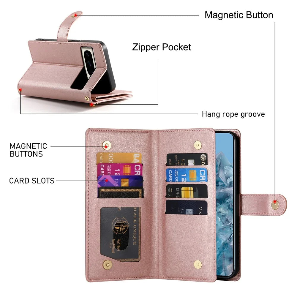 DF-011 For Google Pixel 8 Pro Case Card Slots PU Leather Zipper Pocket Phone Cover - Pink - 6