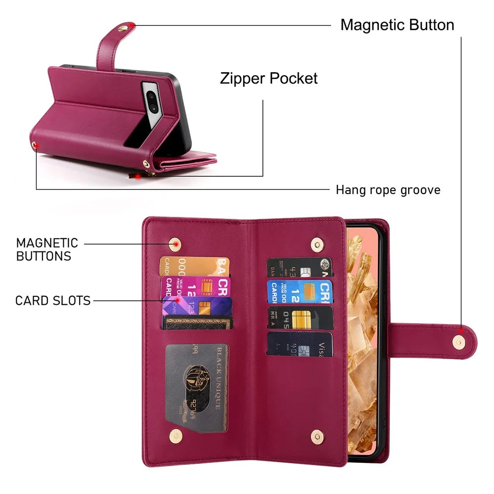 DF-011 For Google Pixel 8 Case Crossbody Leather Phone Cover with Zipper Wallet Card Slots - Red - 6