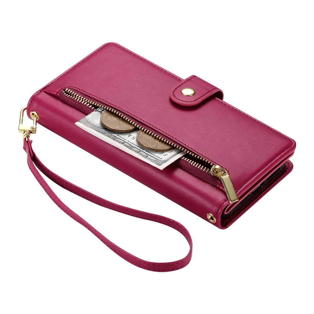 DF-011 For Google Pixel 8 Case Crossbody Leather Phone Cover with Zipper Wallet Card Slots - Red - 7