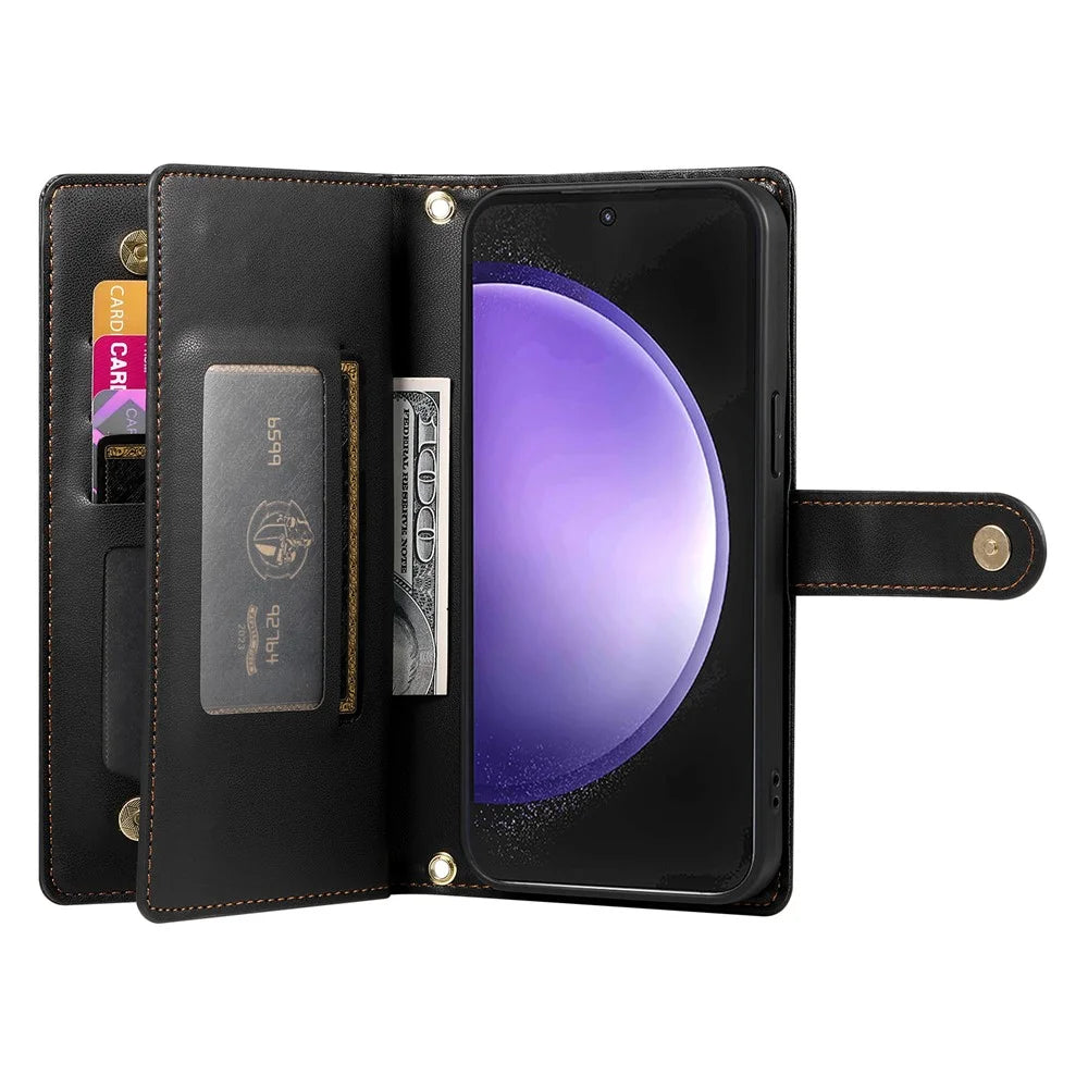 DF-011 For Samsung Galaxy S23 FE Case PU Leather Zipper Wallet Phone Cover with Straps - Black - 2