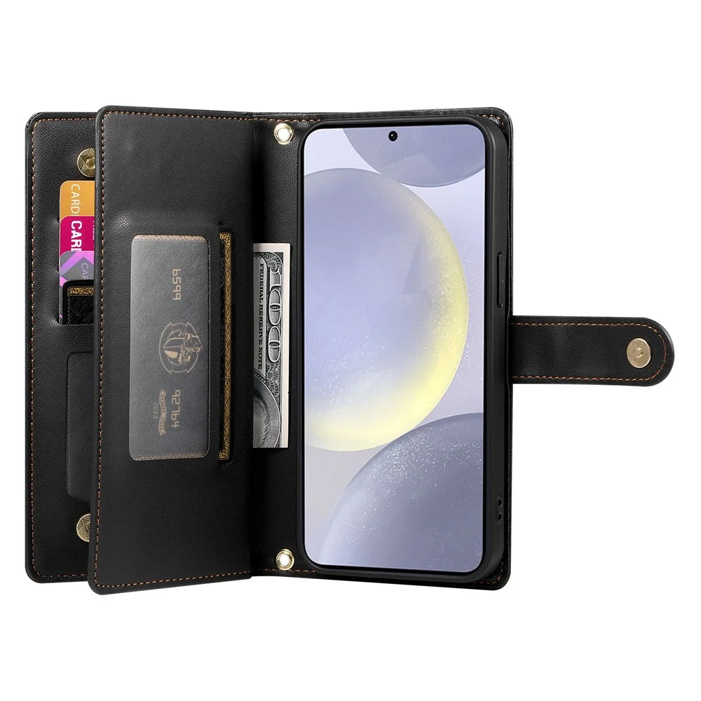 DF-011 For Samsung Galaxy S24+ Case Zipper Pocket Stand Leather Phone Cover with Straps - Black - 2