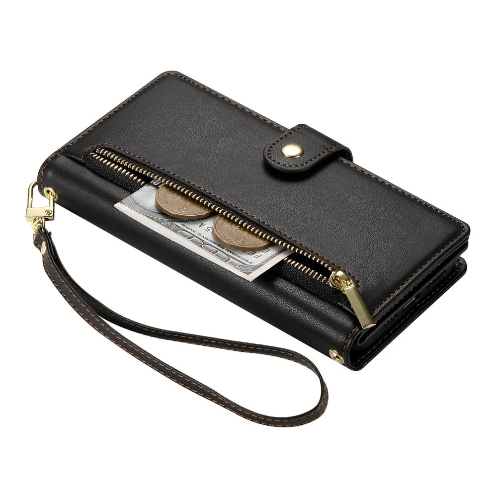 DF-011 For Samsung Galaxy S24+ Case Zipper Pocket Stand Leather Phone Cover with Straps - Black - 7