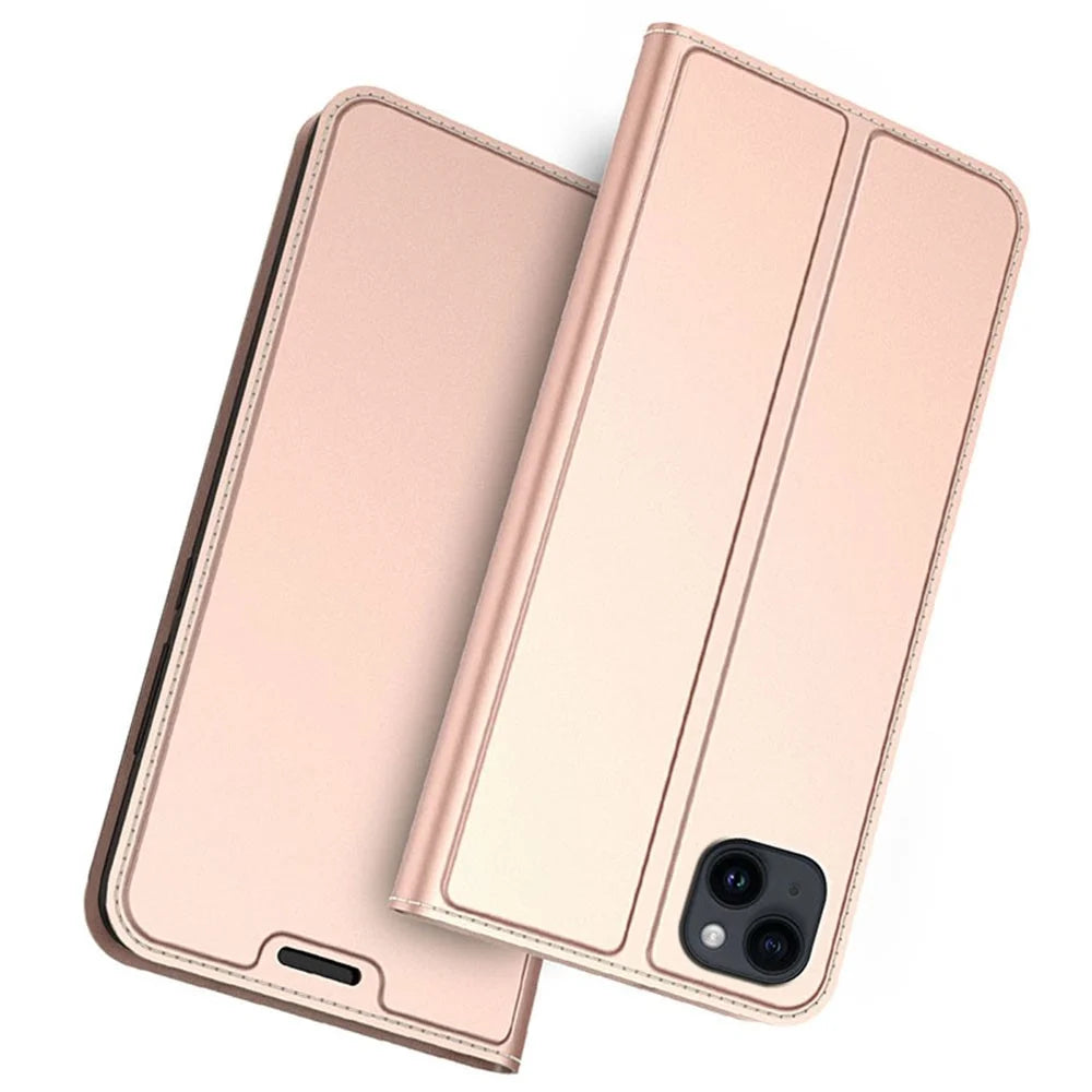 For iPhone 14 Case Magnetic Closure Leather Phone Cover Card Holder Viewing Stand - Rose Gold - 1