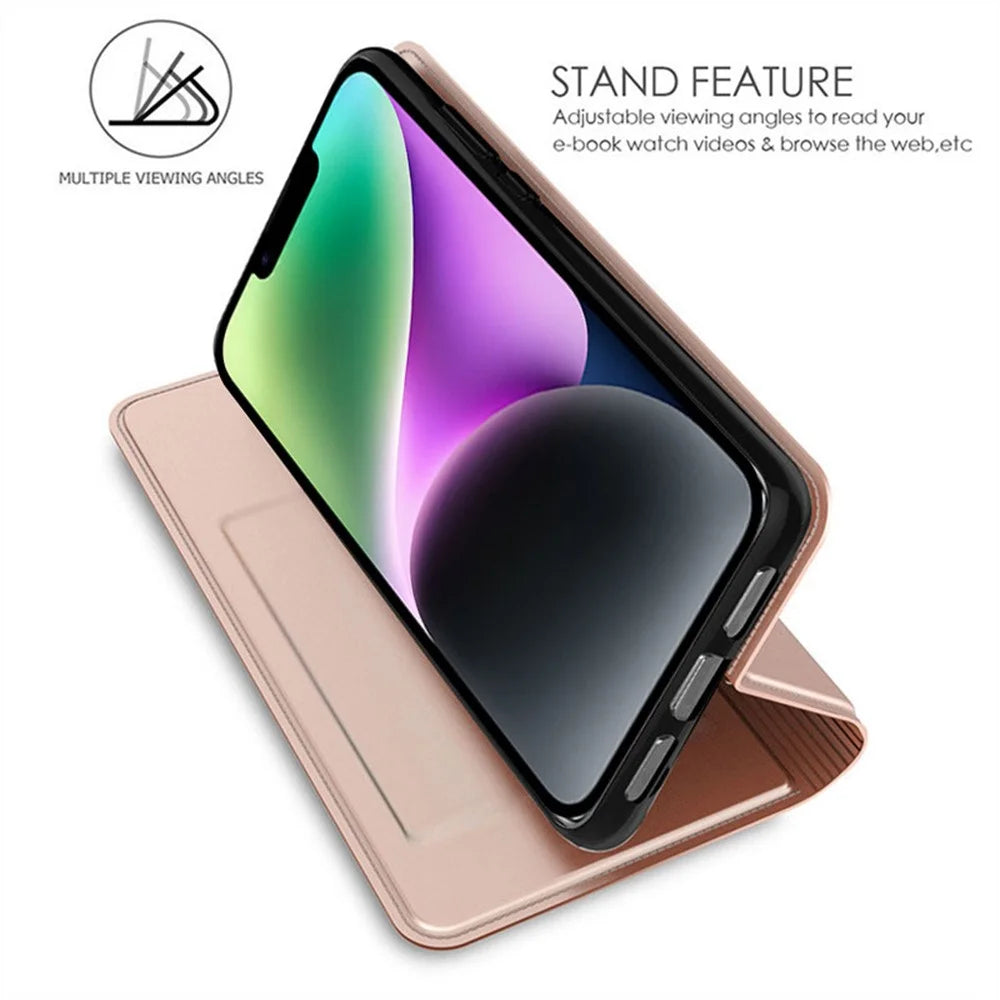For iPhone 14 Case Magnetic Closure Leather Phone Cover Card Holder Viewing Stand - Rose Gold - 2