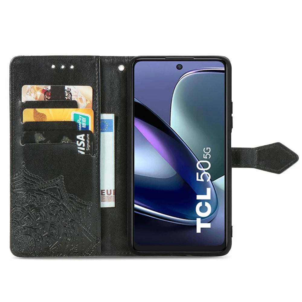 For TCL 50 5G Case Mandala Embossed Design Leather Wallet Phone Cover - Black - 2