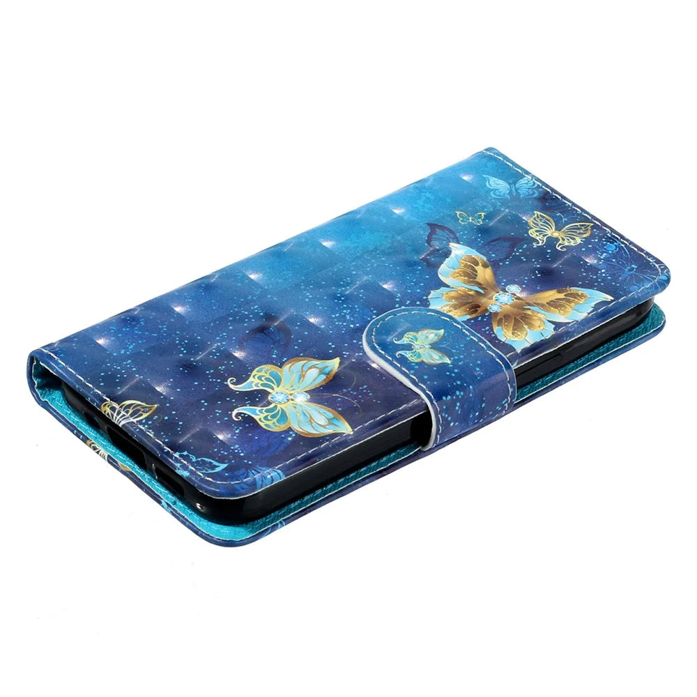 For HMD Pulse / Pulse+ Case 3D Pattern Printed Phone Leather Phone Cover - Blue Gold Butterflies - 4