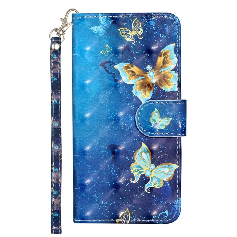 For HMD Pulse / Pulse+ Case 3D Pattern Printed Phone Leather Phone Cover - Blue Gold Butterflies - 5