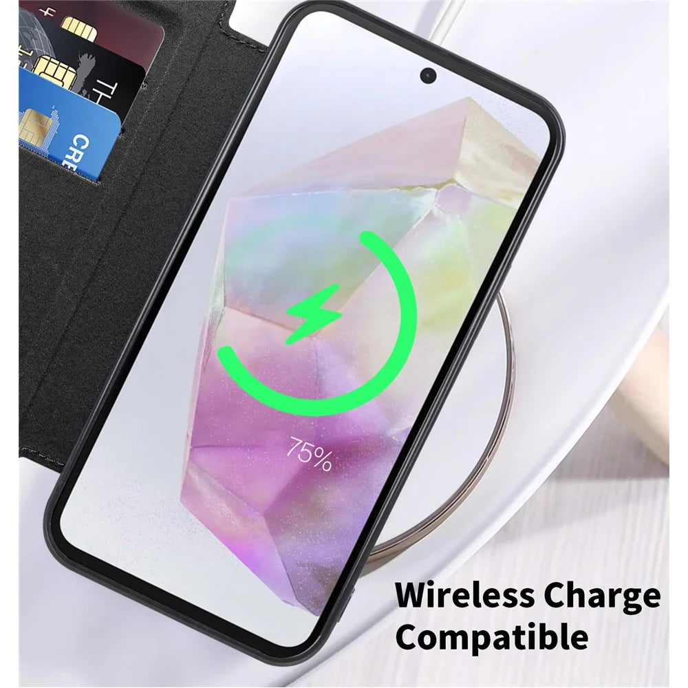 For Samsung Galaxy A35 5G Case Card Slot Rhombus Leather Phone Cover Magnetic Case - Black - 4