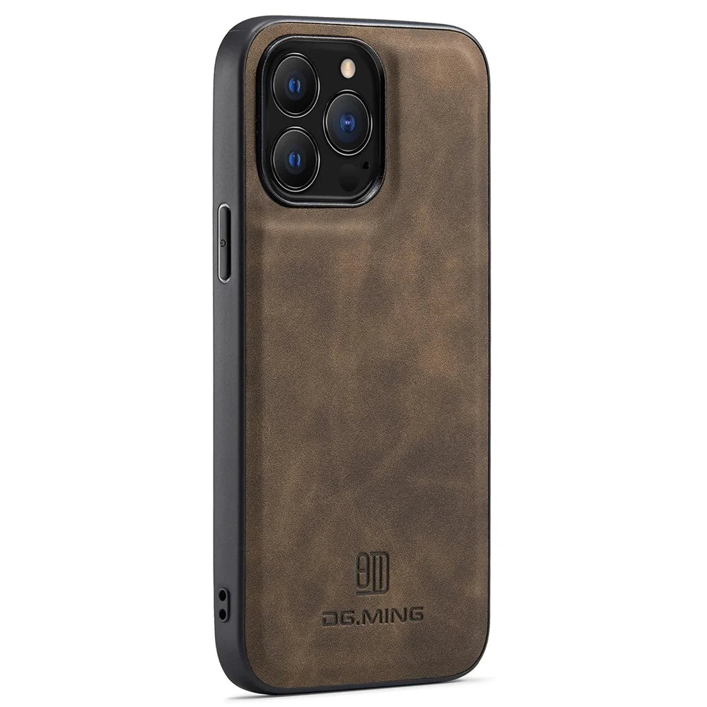 DG.MING For iPhone 16 Pro Max Case PU Leather Covered PC+TPU Hybrid Phone Shell - Coffee - 1